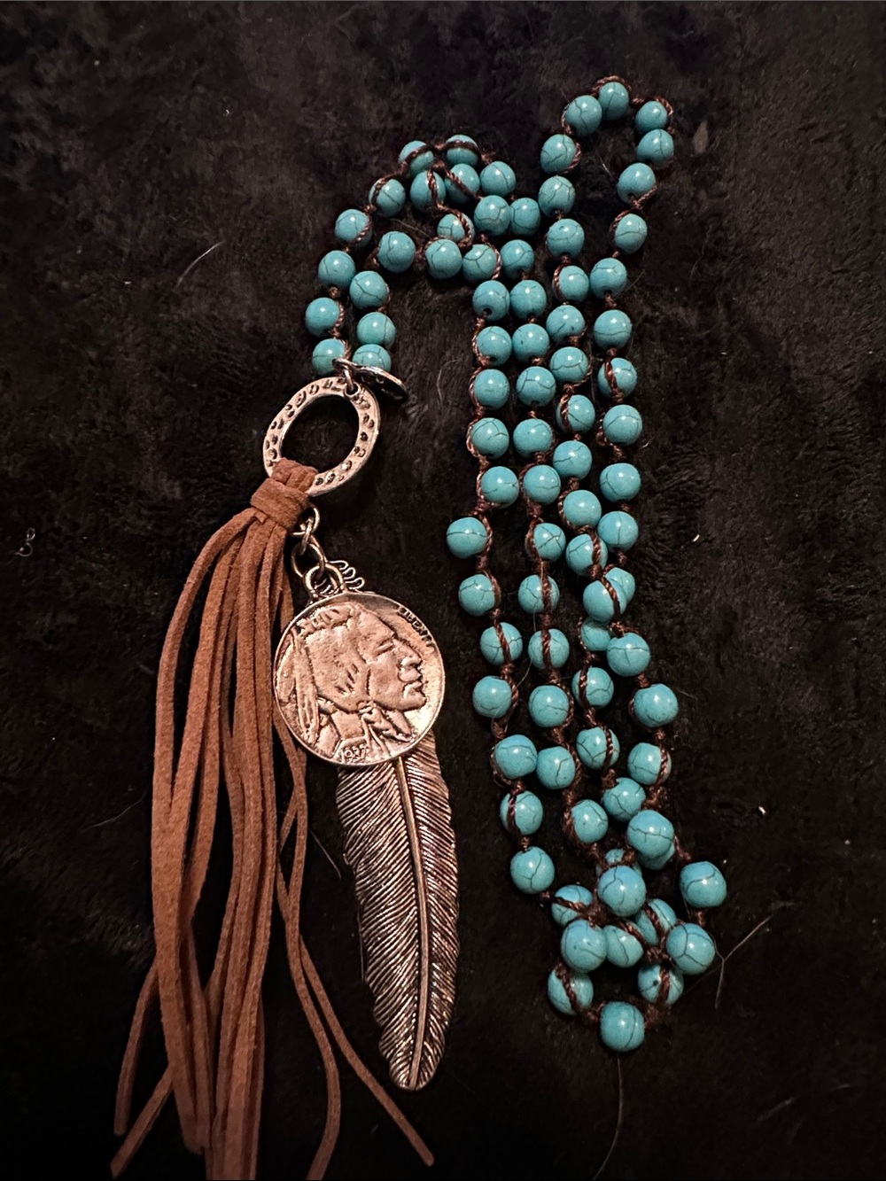 Source Unknown Turquoise Bead Necklace with Suede Tassel, Feather & Coin